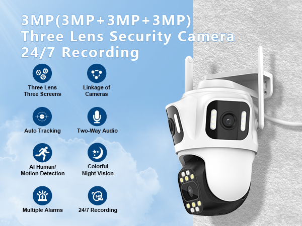 3mp triple lens outdoor camera 24/7 recording wired power
