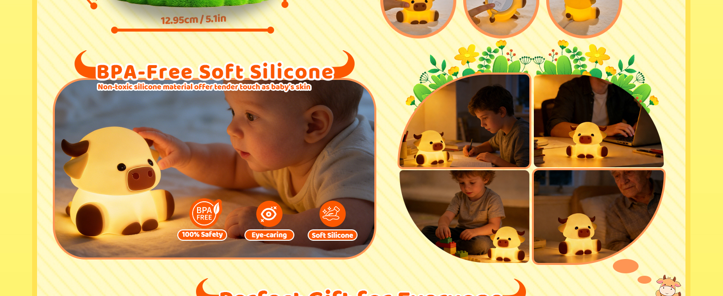 Text reads 'BPA-Free Soft Silicone'. Product demonstration images showing a soft glowing nightlight shaped like a character, with multiple modes of operation displayed in sequential photos.