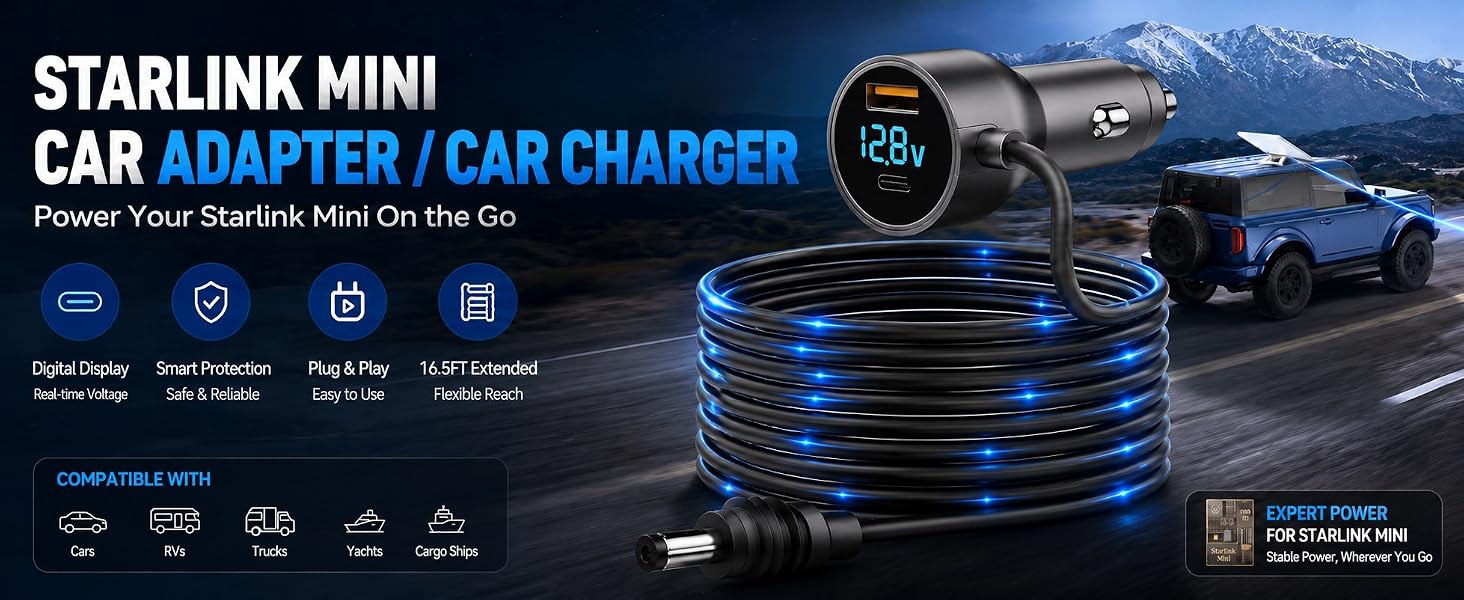 Starlink Mini car charger adapter with digital voltage display plug and coiled DC power cable