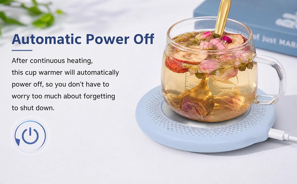 Text reads 'Automatic Power Off' with subtext 'After continuous heating, this cup warmer will automatically power off, so you don't have to worry too much about forgetting to shut down.' Image shows a glass cup with amber-colored beverage on a light blue circular heating pad with power icon symbol.