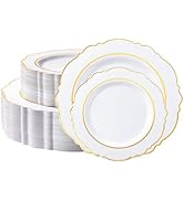 realluck 100PCS White and Gold Plastic Plates, Elegant Baroque Gold Rim Disposable Plates - 50 Di...