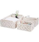 VinneGenzz Macrame Storage Baskets Handmade Boho Decor Box Natural Cotton Rope Woven Bins with Wo...