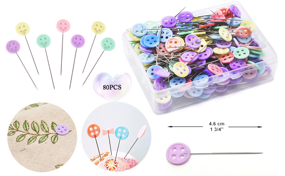 Cute various colors button-shaped sewing pins in a transparent box