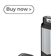 Text reads 'Buy now >'. Silver and black cylindrical device or container shown partially in frame.