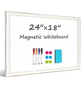 DOLLAR BOSS Magnetic Whiteboard, 24"x18" Dry Erase Board for Wall with White Distressed Frame, Ha...