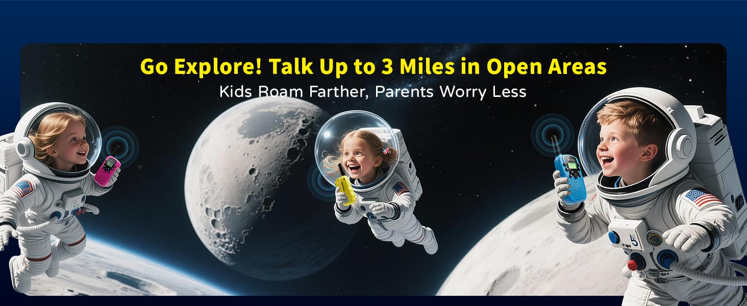 walkie talkies with up to 3 miles talking range in open area, kids roam farther, parents worry less