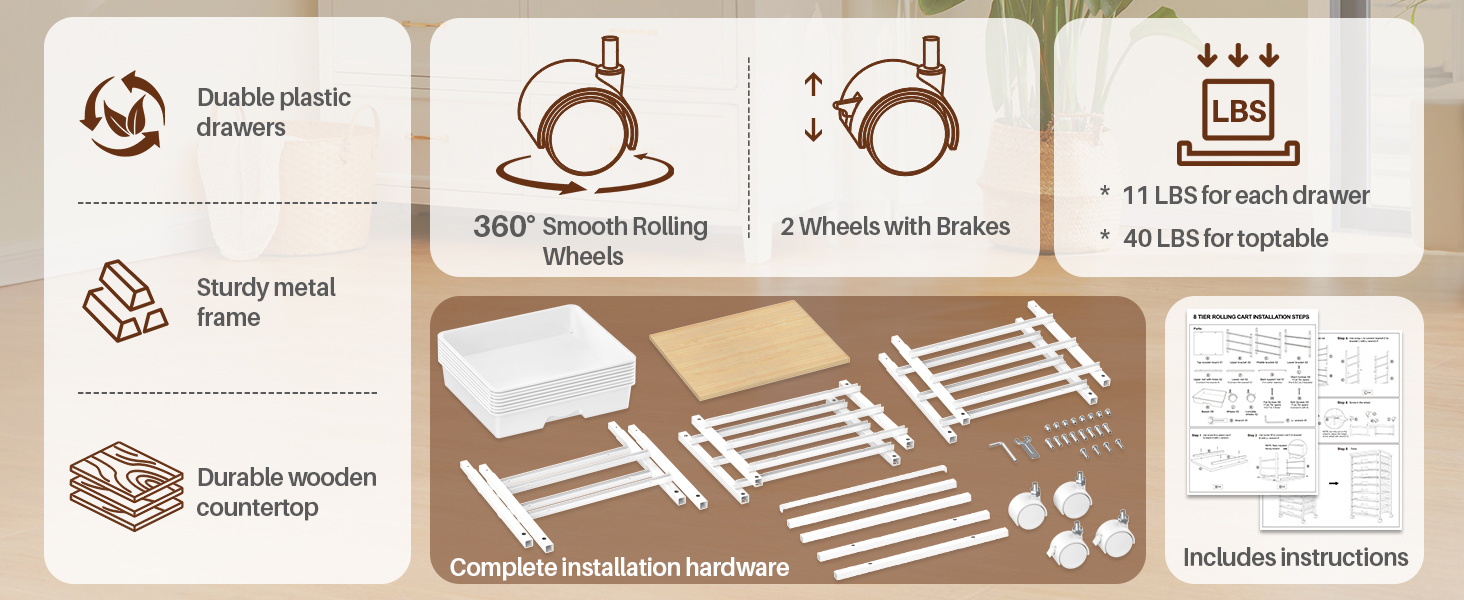 Goovilla rolling cart with drawers, 360° lockable wheels, with complete accessories and instruction