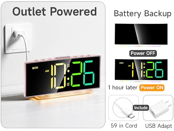 USB power adapter included 59 inch cord outlet powered clock with battery backup for power outage