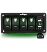 Nilight 4 Gang Rocker Switch Panel Green Backlit with 4.8 Amp Dual USB Charger Voltmeter Waterpro...