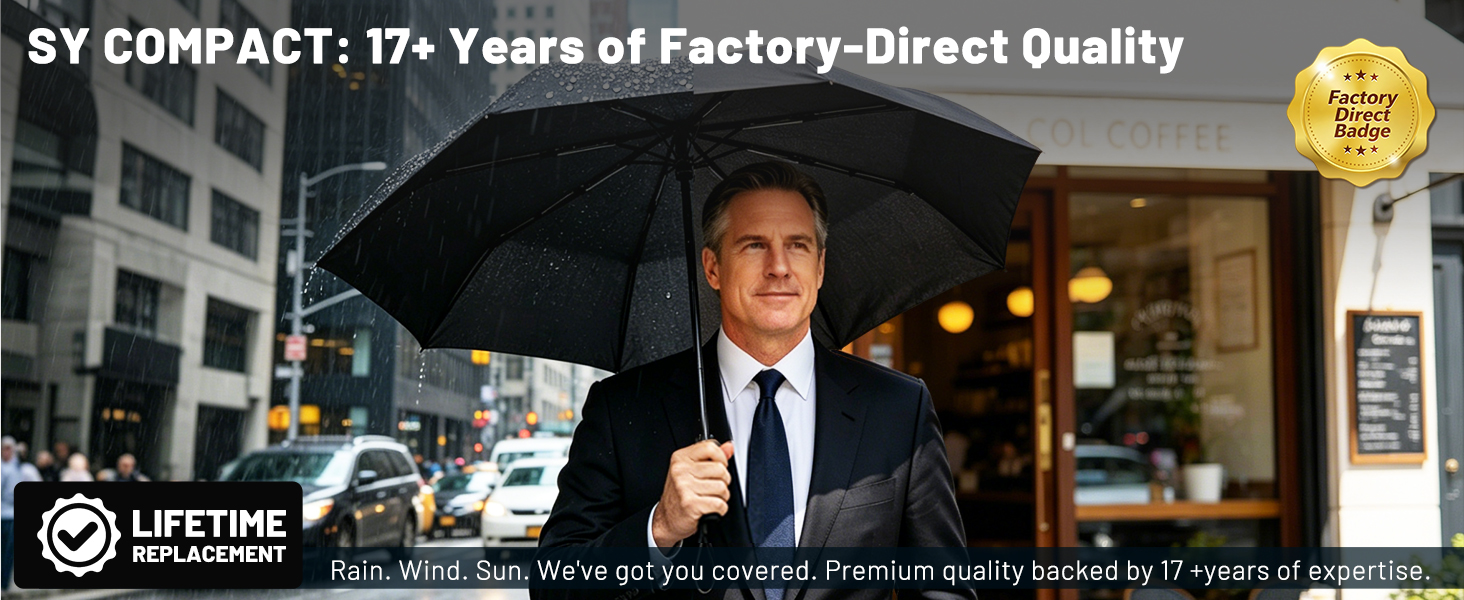 Factory direct travel umbrella. Commuter walking with sturdy windproof canopy in city rain.