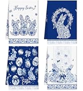 VISSTREE Easter Kitchen Towels Set of 4, Blue Bunny Egg Kitchen Dish Towels, Microfiber Chinoiser...