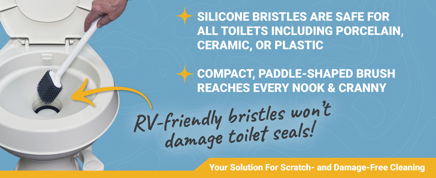 cleaning an RV toilet with silicone toilet brush, RV-friendly bristles won't damage toilet seals