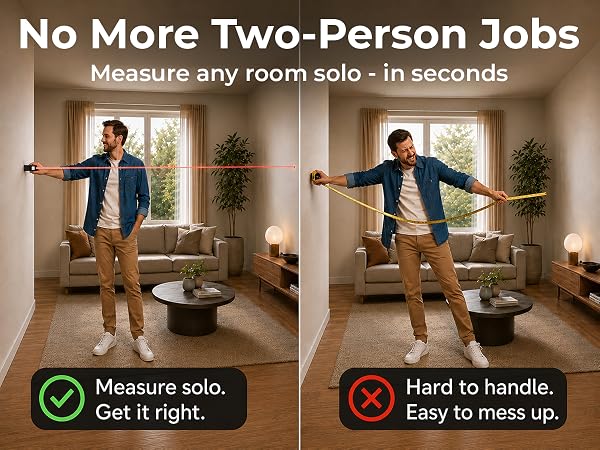 One-handed room measurement with a laser measure, no second person or tape measure needed