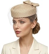 F FADVES Straw Fascinator Vintage Hat Bow Veil Pillbox for Wedding Tea Party 20s 50s Headwear