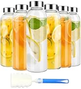 NIKKIER Clear Glass Bottles with Lids 6pcs Set 18oz,Reusable Glass Water Bottle with Stainless St...