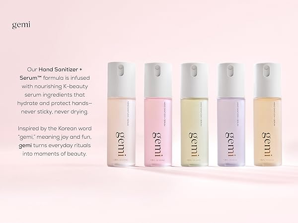 gemi hand sanitizer + serum is infused with nourishing k-beauty serum to hydrate and protect hands