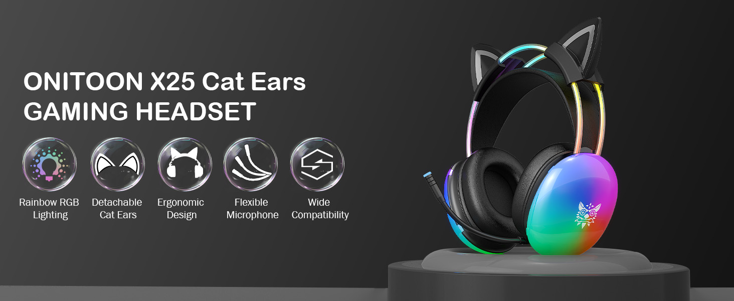 ONITOON X25 Black Cat Ears Gaming Headphone with RGB Lights