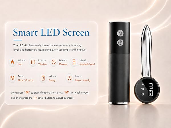 Smart LED screen on this electric muscle scraper tool shows mode, battery, and intensity.