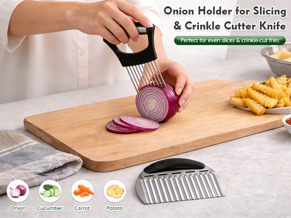 Onion Holder for Slicing & Crinkle Cutter Knife