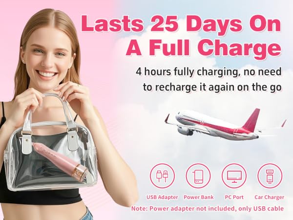 Pink Tovendor electric water flosser with large battery lasts 25 days on a full USB charge