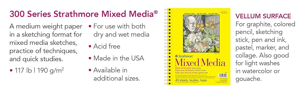 Medium weight art paper, vellum surface, for dry and wet media. Draw, paint