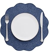 SHACOS Scalloped Round Placemats Set of 6 Polyester Linen Blend 15 inch Washable Non Slip Place M...