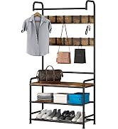 LINZINAR Coat Rack Shoe Bench 3-in-1 Hall Tree with Bench and Shoe Storage for Entryway Heavy Dut...