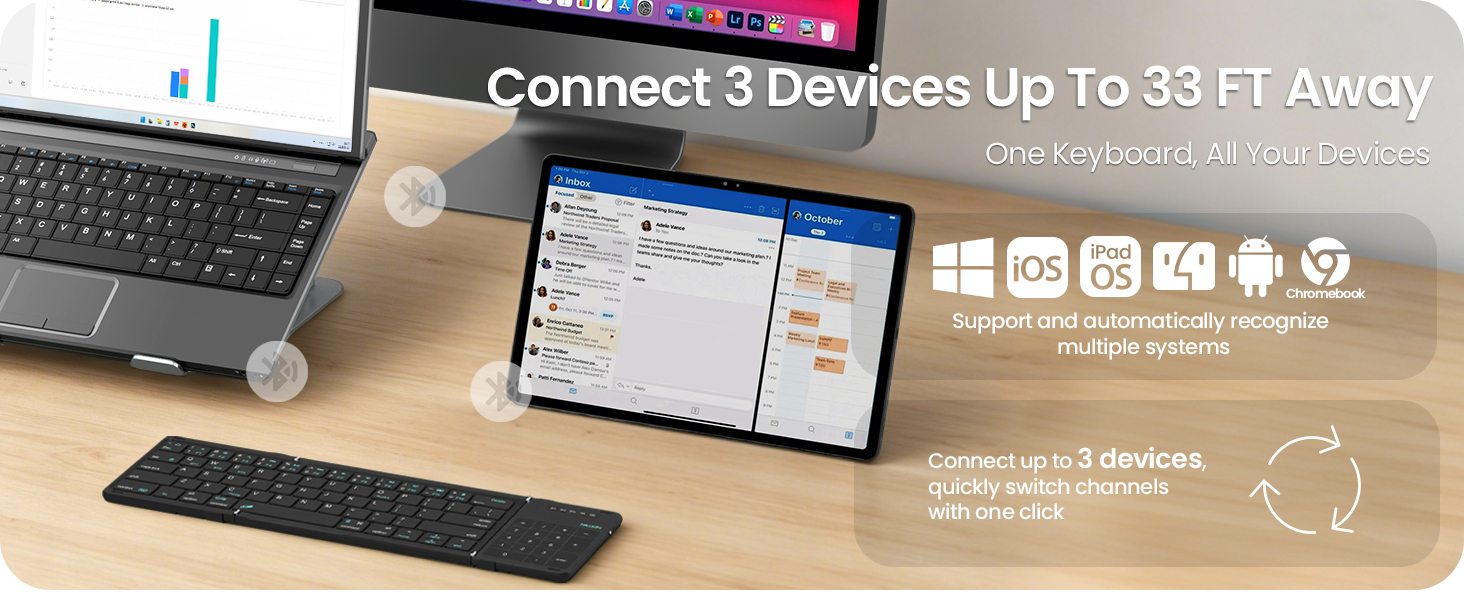 Connect up to 3 devices and switch instantly between tablet laptop and phone with one keyboard