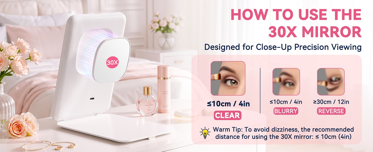30X magnifcation within 4in for precise facial grooming