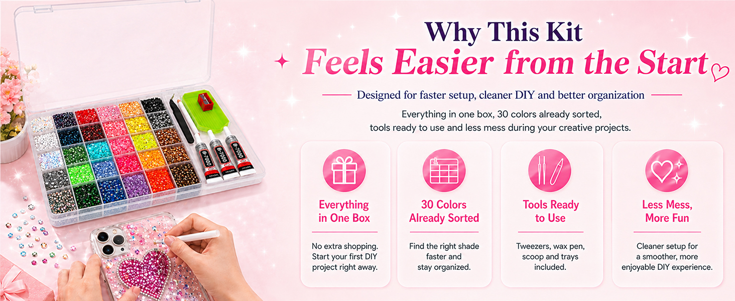 Organized rhinestone kit with tools, glue and phone case DIY on a soft background