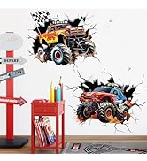 decalmile 2 Large 3D Racing Cars Wall Decals Trucks Break Through Wall Stickers Boys Bedroom Kids...