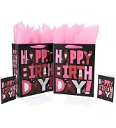 2 Pack 13" Large Pink and Black Gift Bags Set with Greeting Card and Tissue Papers (Pink Happy Bi...