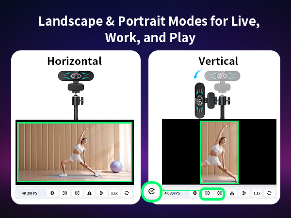 Landscape and Portrait Modes EMEET C60E Dual-Camera 4K Webcam for Streaming