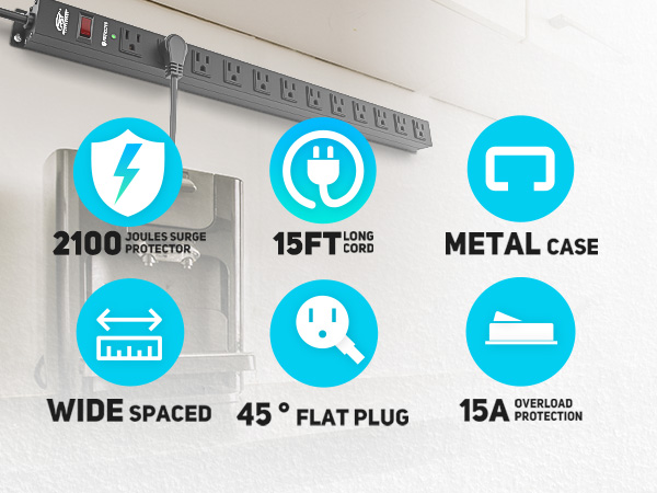 12 outlet heavy duty power strip wide spaced 2100 joules 15FT