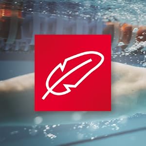 Image of red feather on with person swimming in background with text reading lightweight.