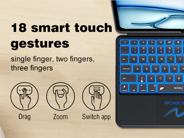 Text: '18 smart touch gestures', 'single finger, two fingers, three fingers', 'Drag', 'Zoom', 'Switch app'. Illuminated blue keyboard with gesture illustrations.