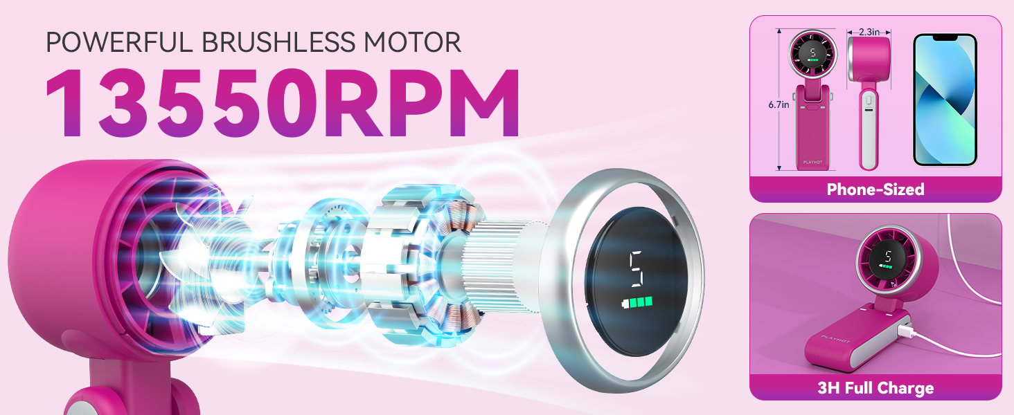 Powerful small fan brushless motor phone sized portable fan for travel compact magenta travel fans