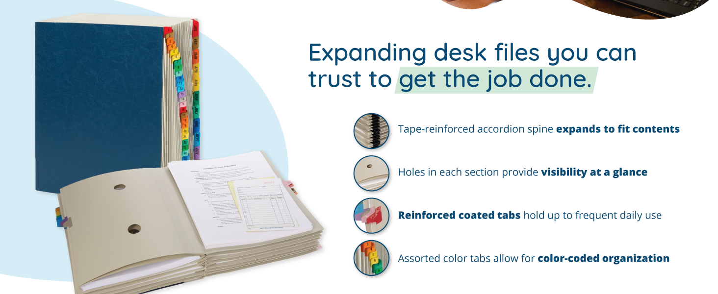 Features of expanding desk files with photos and detail closeup shots