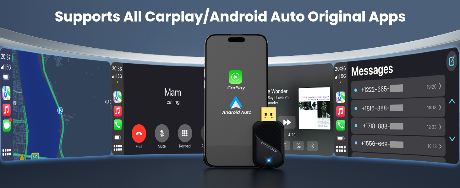 Wireless car adapter supports full original CarPlay and Android Auto apps for navigation calls music