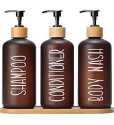 MOMEEMO Amber Shower Dispenser Set, Contains 3 Extra-Thick PET Plastic Bottles with Bamboo Pumps,...