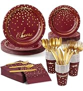 OuMuaMua Maroon Gold Paper Plates and Napkins Party Supplies for 24 Guests, 168 Pcs Burgundy Disp...