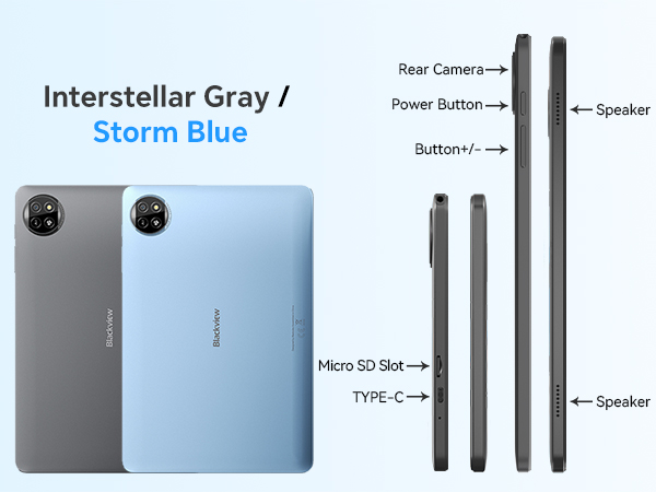 Text reads 'Image 3', 'Interstellar Gray', 'Storm Blue'. Product diagram showing two tablet devices in gray and blue colors with labeled features including camera, speakers, buttons and USB-C port.