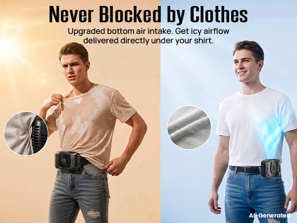 Bottom-intake rechargeable waist fan avoids shirt blockage unlike side-intake wearable fans