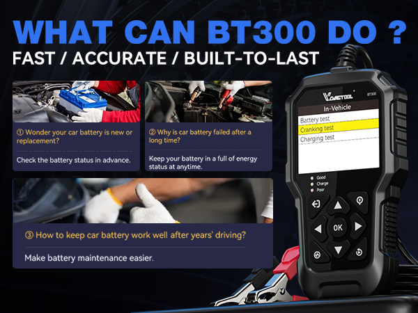 Text reads 'WHAT CAN BT300 DO?'. Series of interface screenshots showing device functionality and battery status indicators.