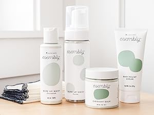 Esembly Skincare sitting on a wooden table