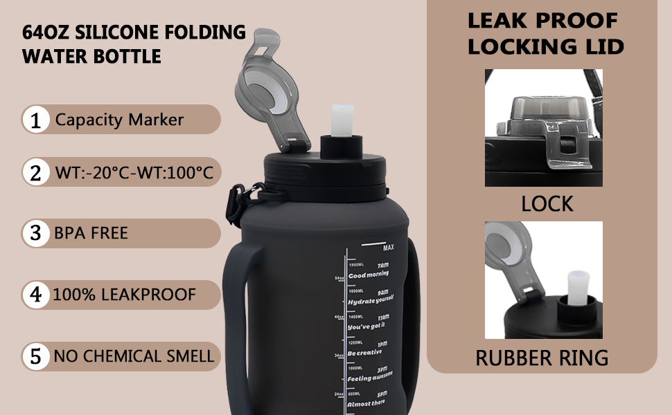 64oz Foldable Water Bottle with Time Marker & Locking Lid