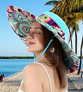 Womens Wide Brim Sun Hat Reversible Print UV Protection Oversized Beach Cap Travel UPF 50+