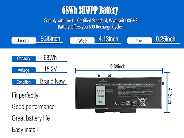 68Wh 3HWPP Replacement Battery for Dell