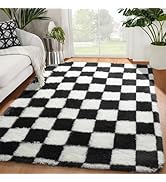KICMOR Black and White Rug for Bedroom Living Room, 4x6 Fluffy Checkered Shag Area Rug Fuzzy Carp...