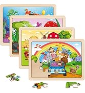 SYNARRY Large Animals Wooden Puzzles for Kids 4 in 1 Gift Box(12.2 * 9.4 in) - FSC Certified, Jig...